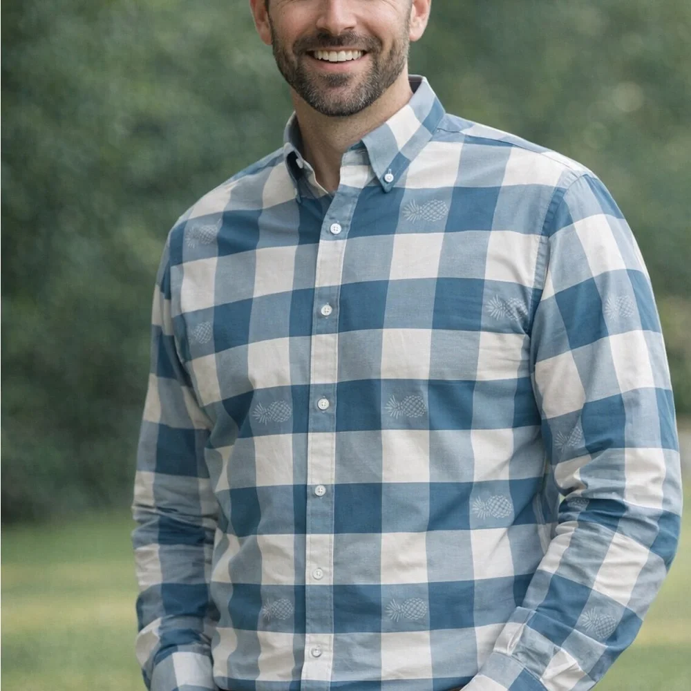 NWOT Daniel Hechter Blue and White Check Button-Down Shirt with Pineapple M - Picture 1 of 5
